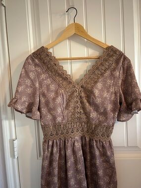 Anthropologie Mauve Floral Lace-Trim Midi Dress
